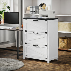 Classeur 3 tiroirs de style campagnard avec barres de suspension réglables pour format lettre, A4, légal, blanc