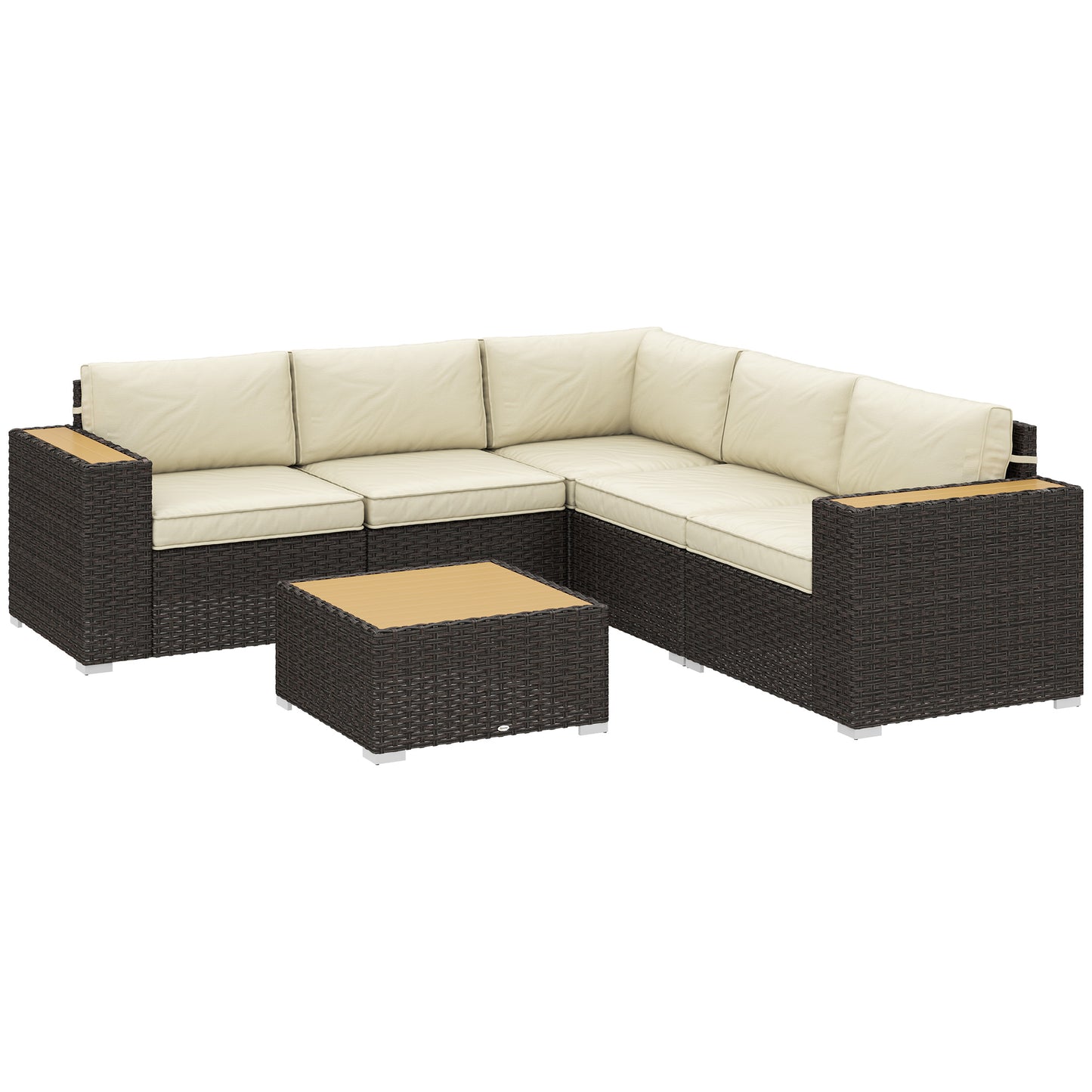 Outsunny 6 Piece Rattan Garden Furniture Set with Corner Sofa, Coffee Table, Wood and Plastic, Light Khaki 