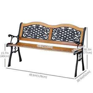 Two-seater outdoor garden bench, wooden and metal frame with a backrest adorned with plastic patterns, natural wood