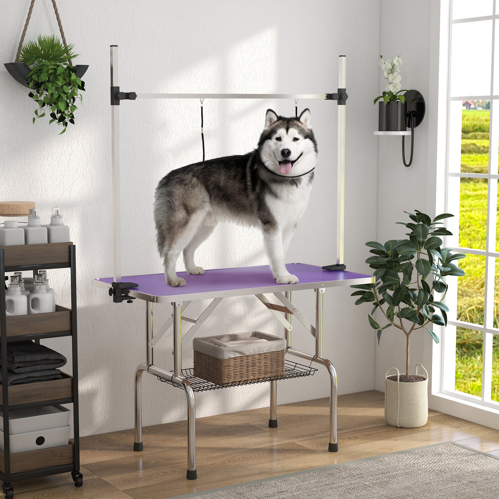 Table de toilettage réglable pour chiens avec 2 sangles de sécurité et panier de rangement, violette