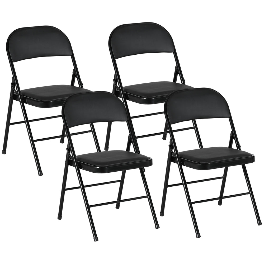 Set of 4 folding metal chairs with faux leather upholstery, black