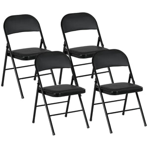 Set of 4 folding metal chairs with faux leather upholstery, black