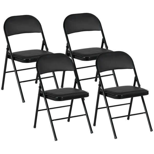 Set of 4 folding metal chairs with faux leather upholstery, black