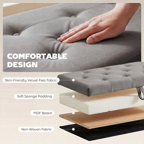 Banc ottoman avec rangement de 141 L, assise capitonnée en velours et couvercle relevable – Gris