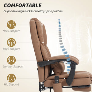 Office chair with massage function, reclining, in faux leather with lumbar support and footrest, brown
