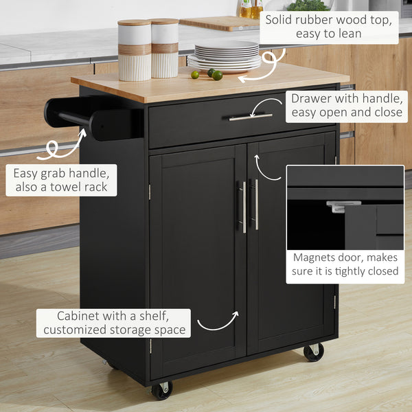 Chariot de cuisine roulant avec plateau en bois, noir
