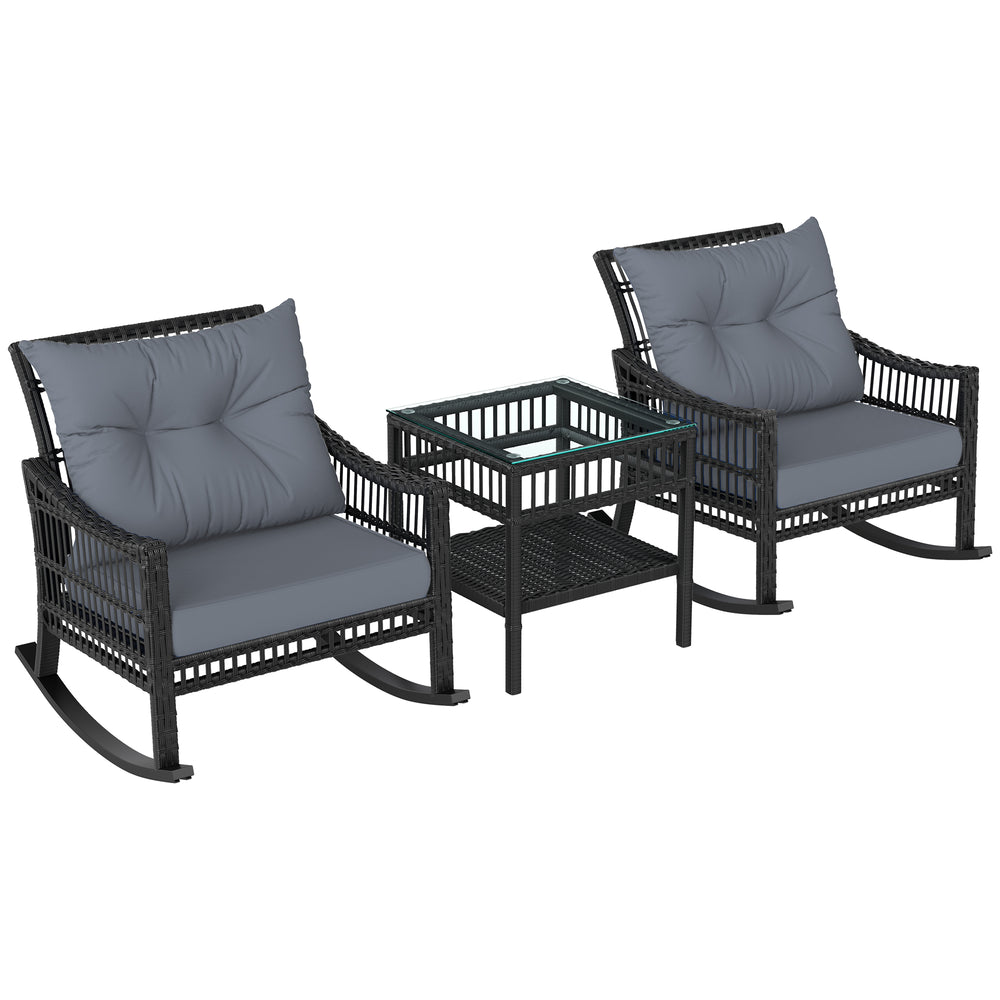Ensemble de 3 chaises à bascule en rotin synthétique gris avec table à plateau en verre trempé, idéal pour extérieur