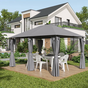 Gazebo 13' x 10' en acier à toit souple avec 6 rideaux amovibles et trous de drainage, gris