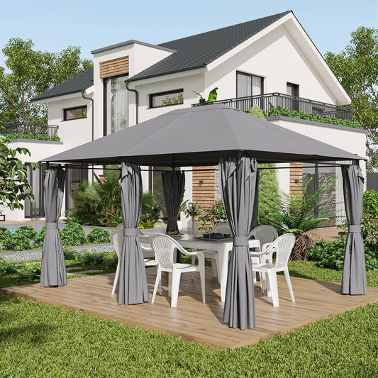 Gazebo 13' x 10' en acier à toit souple avec 6 rideaux amovibles et trous de drainage, gris