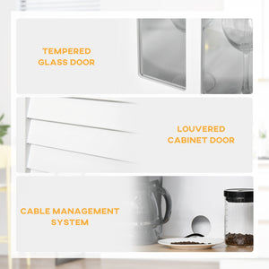 Coastal style kitchen sideboard and display cabinet with framed glass door, louvered drawers, white.