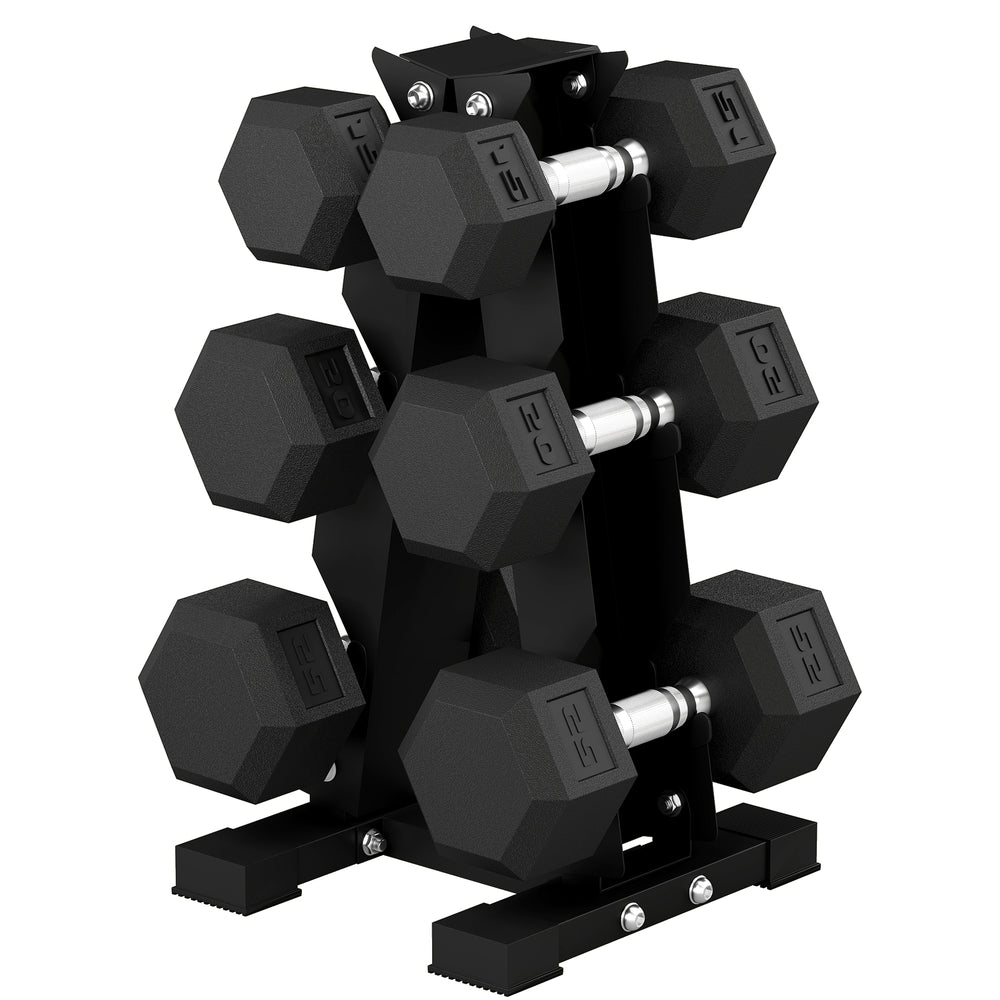 Ensemble de 6 haltères hexagonaux avec support en A, 15 à 25 lb – Noir