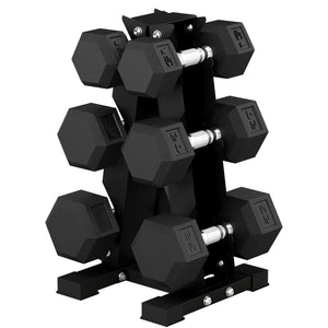 Ensemble de 6 haltères hexagonaux avec support en A, 15 à 25 lb – Noir