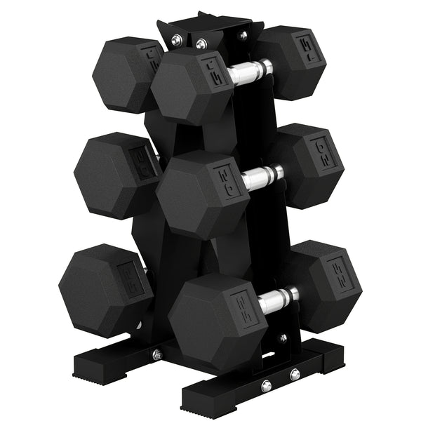 Ensemble de 6 haltères hexagonaux avec support en A, 15 à 25 lb – Noir