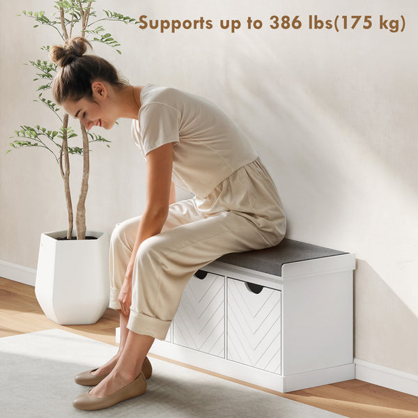 Entryway bench with 3 removable drawers and padded seat cushion, white