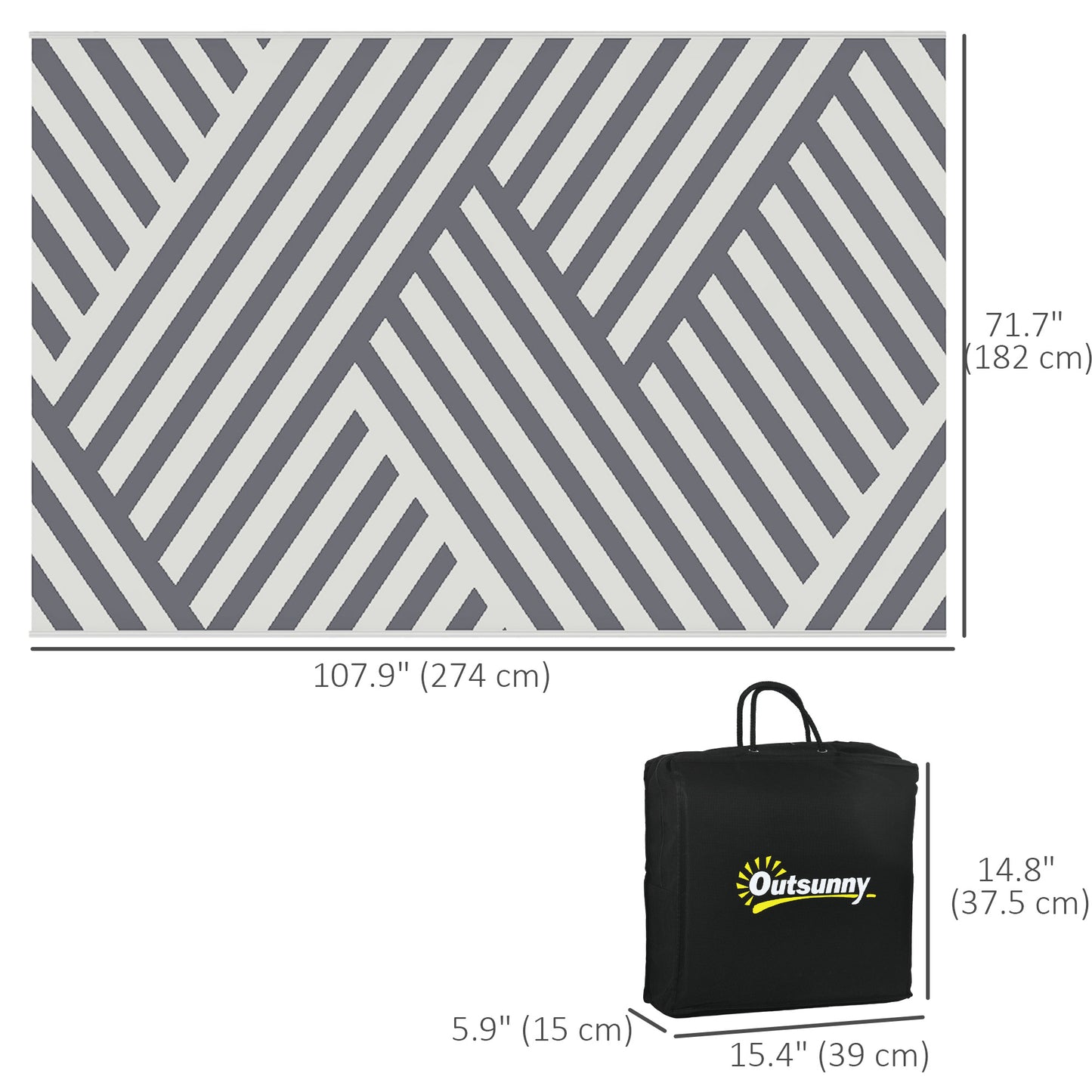 Tapis d'extérieur réversible pour patio, tapis en plastique 6' x 9' pour jardin, terrasse, plage, camping, gris et crème