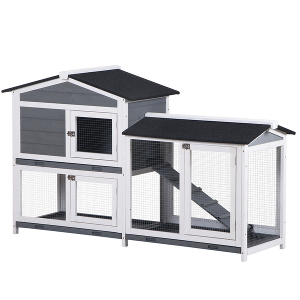 Two-tier wooden hutch with ramp and outdoor run, grey