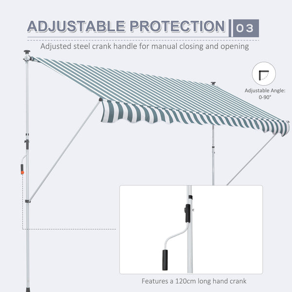 10x5ft Manual Retractable Awning, Patio Sun Shade Canopy Shelter with 5.6-9.2ft Support Pole, Water Resistant UV Protector, for Window, Door, Porch, Deck, Green