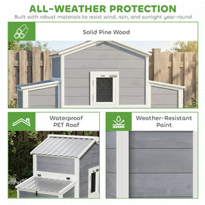Wooden chicken coop with 2 nesting boxes, a pull-out tray, and a ramp