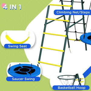 Module 4 en 1 avec balançoire soucoupe, siège, échelle/filet d'escalade et panier de basket