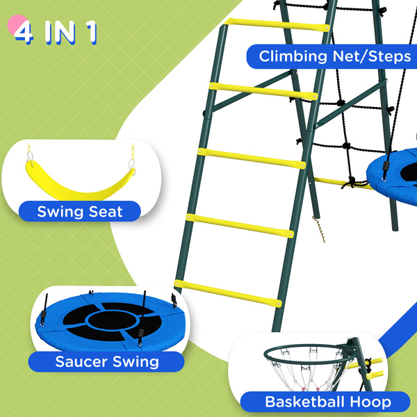 Module 4 en 1 avec balançoire soucoupe, siège, échelle/filet d'escalade et panier de basket