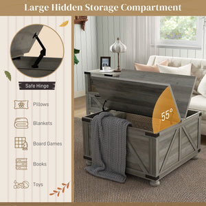 Table basse de style farmhouse avec couvercles rabattables, gris vieilli