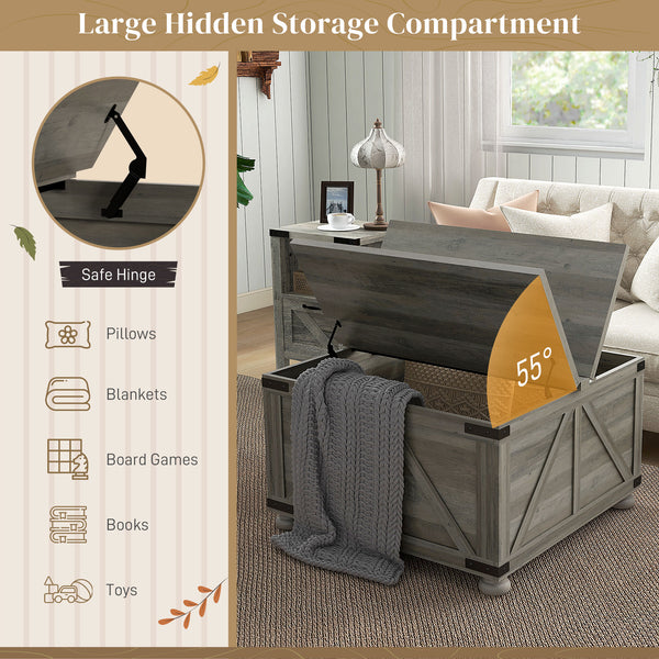 Table basse de style farmhouse avec couvercles rabattables, gris vieilli
