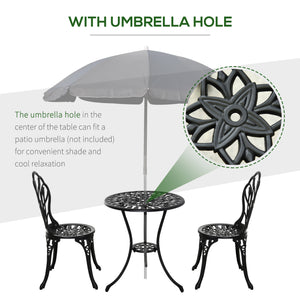 3PCs Patio Bistro Set, Outdoor Cast Aluminum Garden Table and Chairs with Umbrella Hole for Balcony, Black