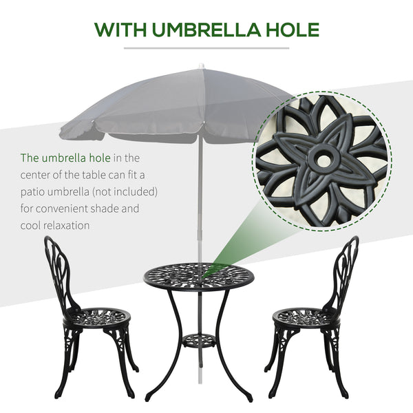 3PCs Patio Bistro Set, Outdoor Cast Aluminum Garden Table and Chairs with Umbrella Hole for Balcony, Black