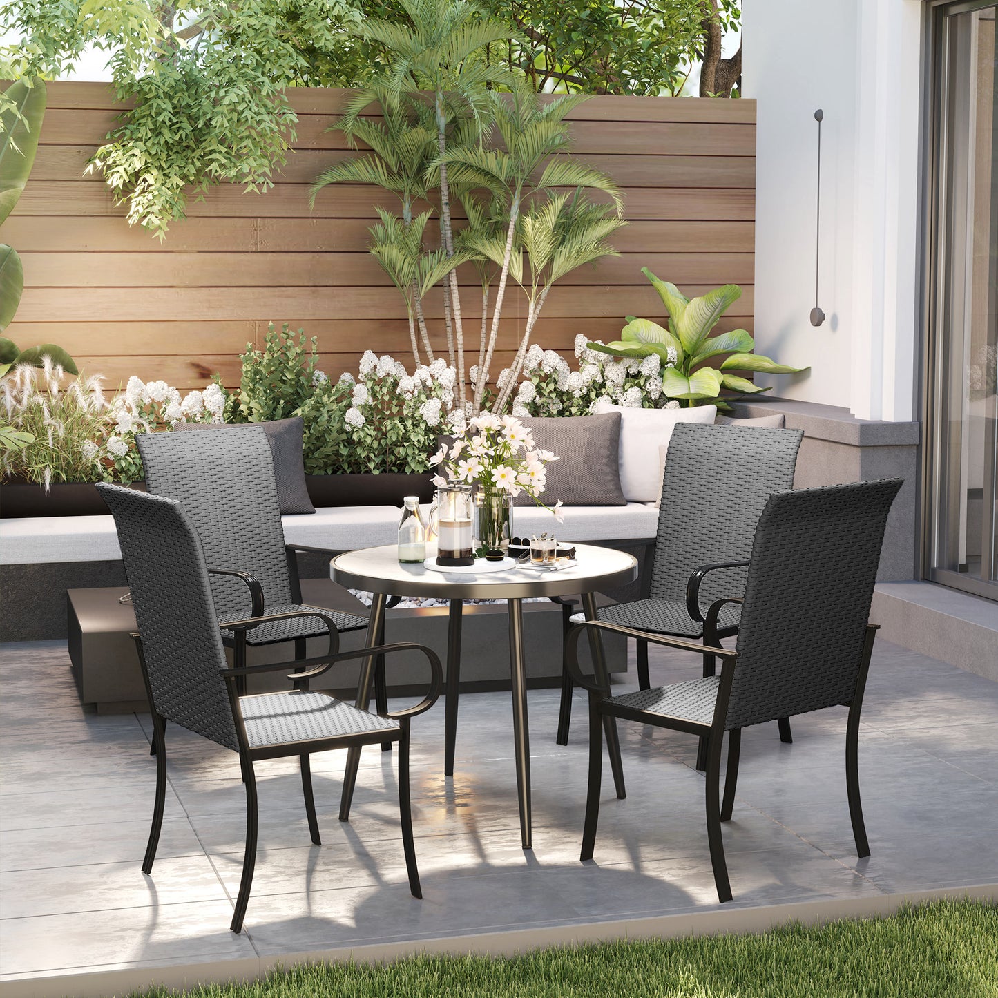 Chaises de salle à manger Outsunny en rotin synthétique, 4 pièces, avec cadre en acier, pour jardin, arrière-cour, bord de piscine, porche, noir