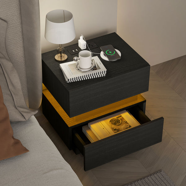 Table de chevet avec station de charge et éclairage LED noire