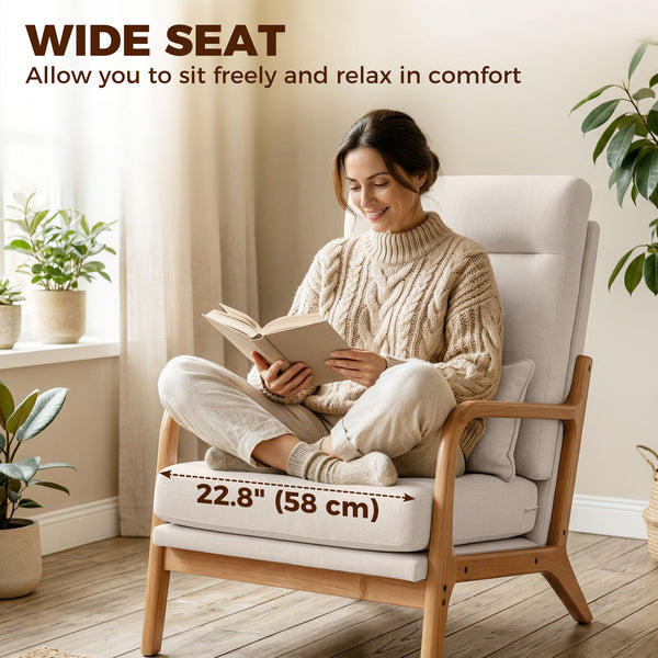Fauteuil d'appoint moderne en lin avec coussin lombaire, dossier haut, assise large, coussin épais, structure en bois massif, blanc crème