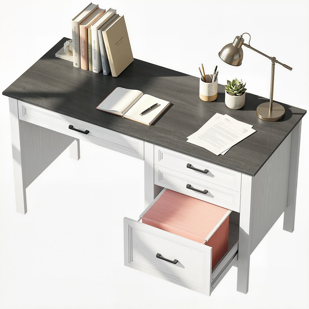 Bureau de style ferme avec tiroirs, rails de suspension réglables pour dossiers A4/Lettre, blanc