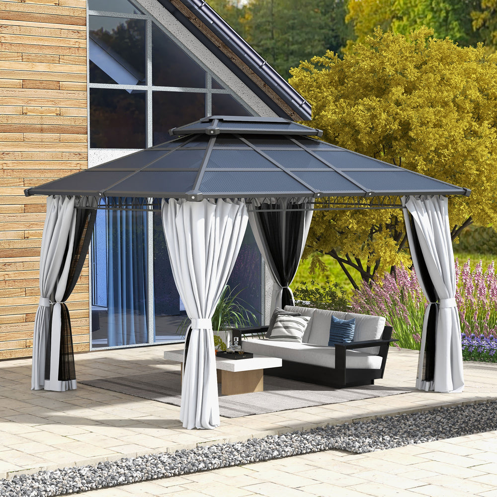 10' x 12' Outdoor Hardtop Gazebo Canopy w/ Double PC Roof, Steel Frame, Nettings, Curtains for Garden Lawn Deck, Grey