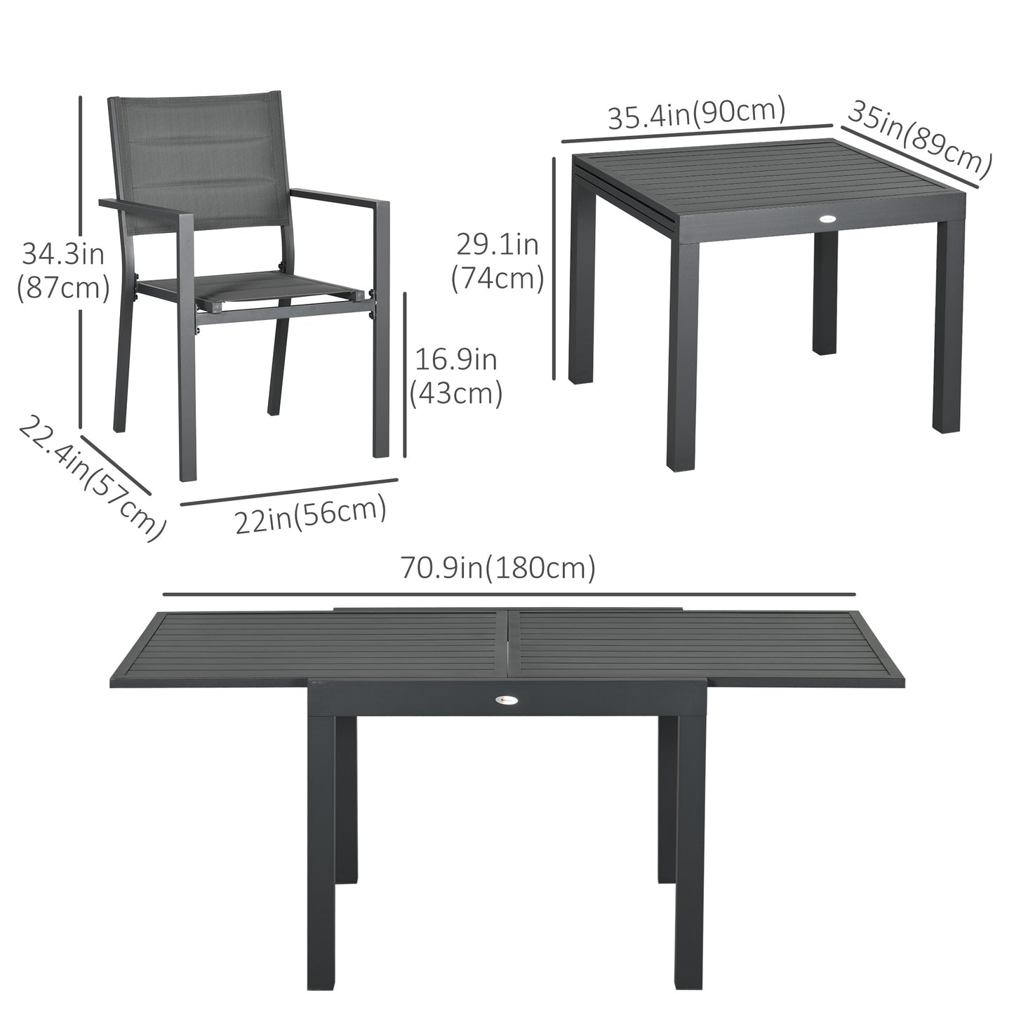 Ensemble de salle à manger de jardin 7 pièces pour 6 personnes, table d'extérieur extensible en aluminium, chaises empilables à dossier haut, gris foncé