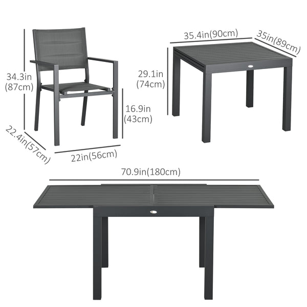 Ensemble de salle à manger de jardin 7 pièces pour 6 personnes, table d'extérieur extensible en aluminium, chaises empilables à dossier haut, gris foncé