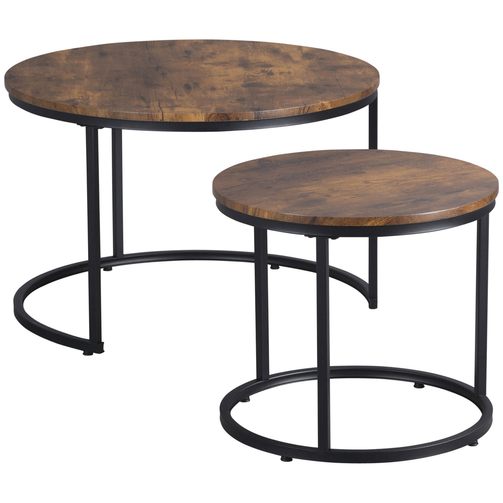 Lot de 2 tables basses rondes avec base en métal, marron rustique