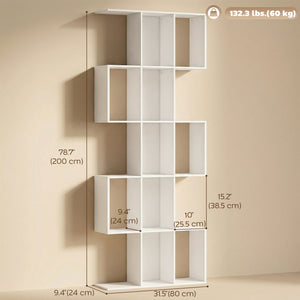Bibliothèque à 5 niveaux en forme de S avec 15 compartiments, aspect bois blanc
