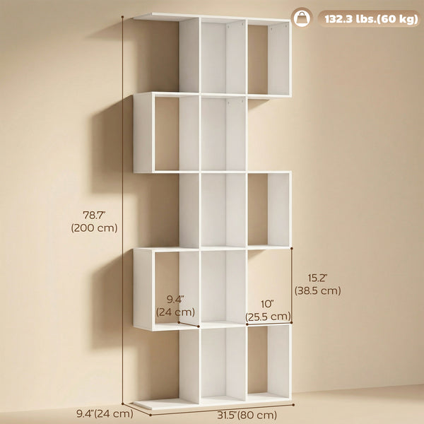Bibliothèque à 5 niveaux en forme de S avec 15 compartiments, aspect bois blanc