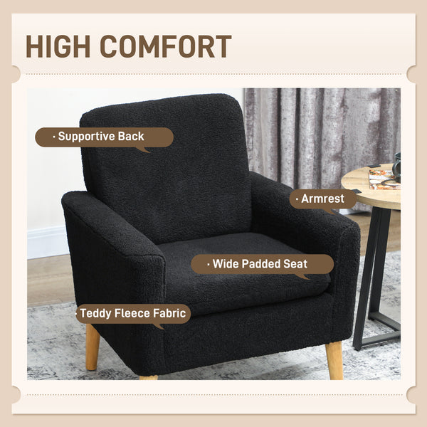 Fauteuil d'appoint en tissu avec pieds en bois et large assise rembourrée, noir