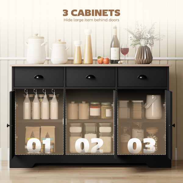 Farmhouse style sideboard, with 3 sliding doors and 3 drawers, for living room or kitchen, black.