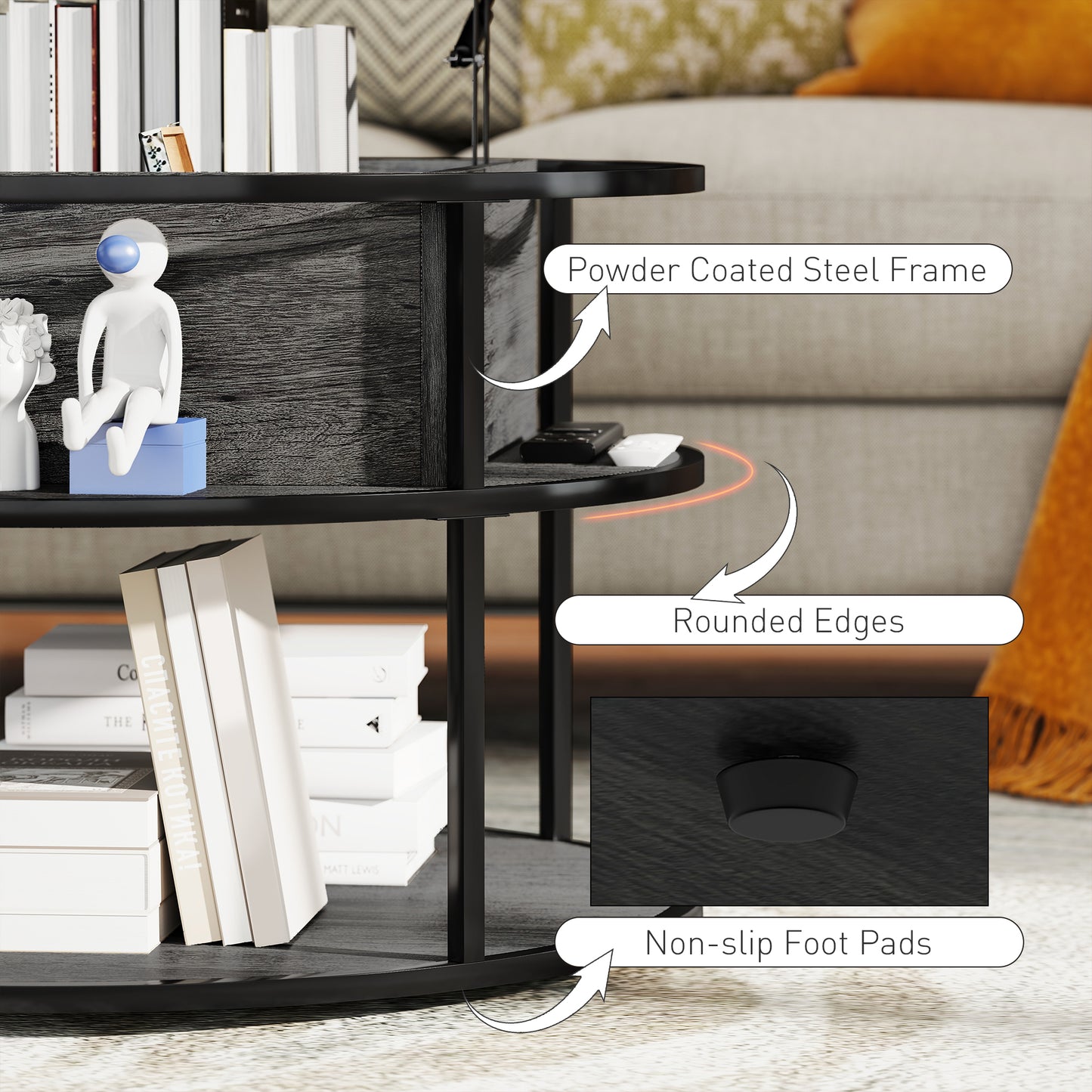 Table basse ronde avec étagère de rangement, compartiment caché et structure en acier, gris foncé vieilli