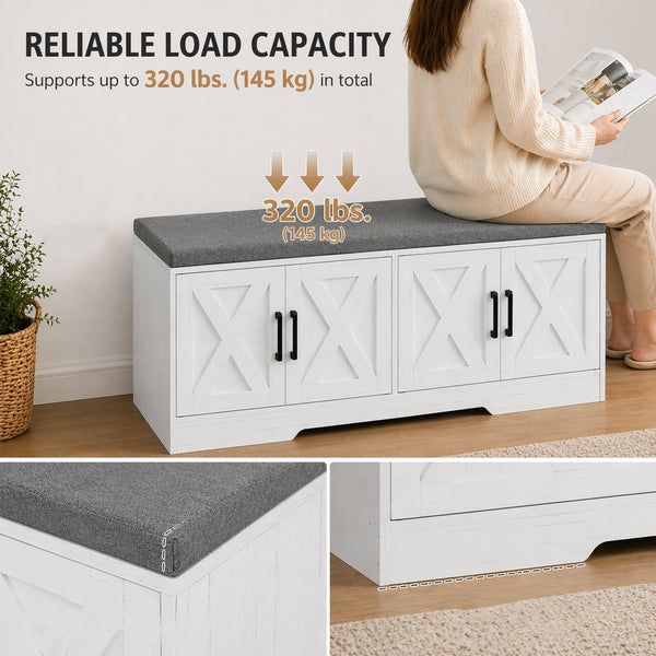 Banc à chaussures avec coussin, portes et étagères réglables pour entrée, blanc