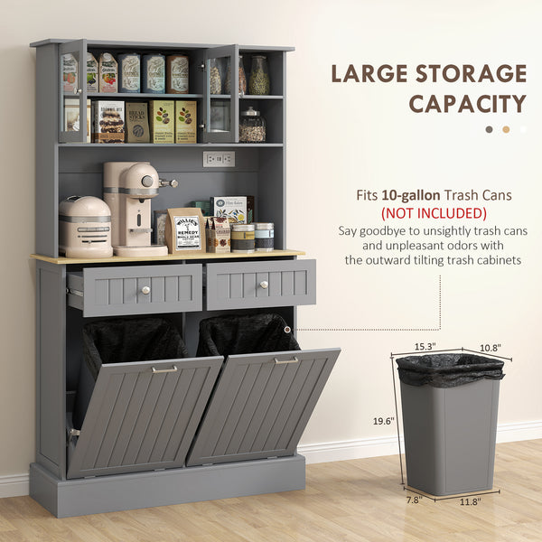 Armoire de rangement de cuisine avec prises électriques, 2 tiroirs et compartiments basculants – Gris et bois naturel
