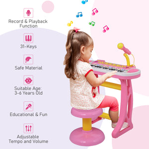 Piano-clavier avec tabouret, microphone fonctionnel et lampe de poche lumineuse, rose