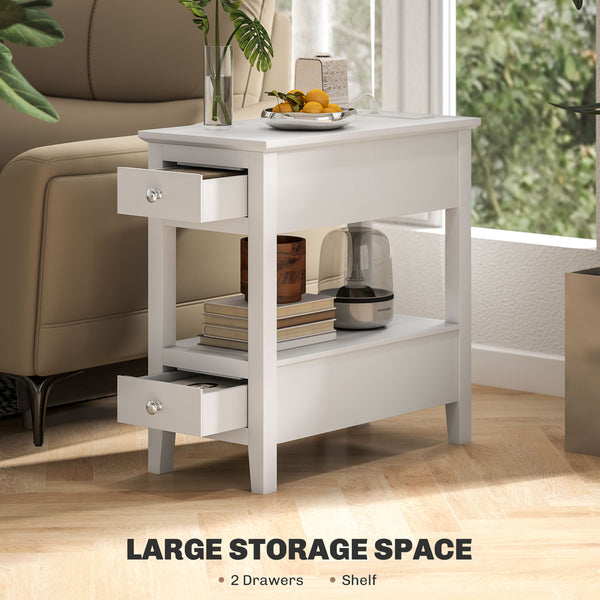 Table d'appoint étroite avec station de charge et ports USB, blanche
