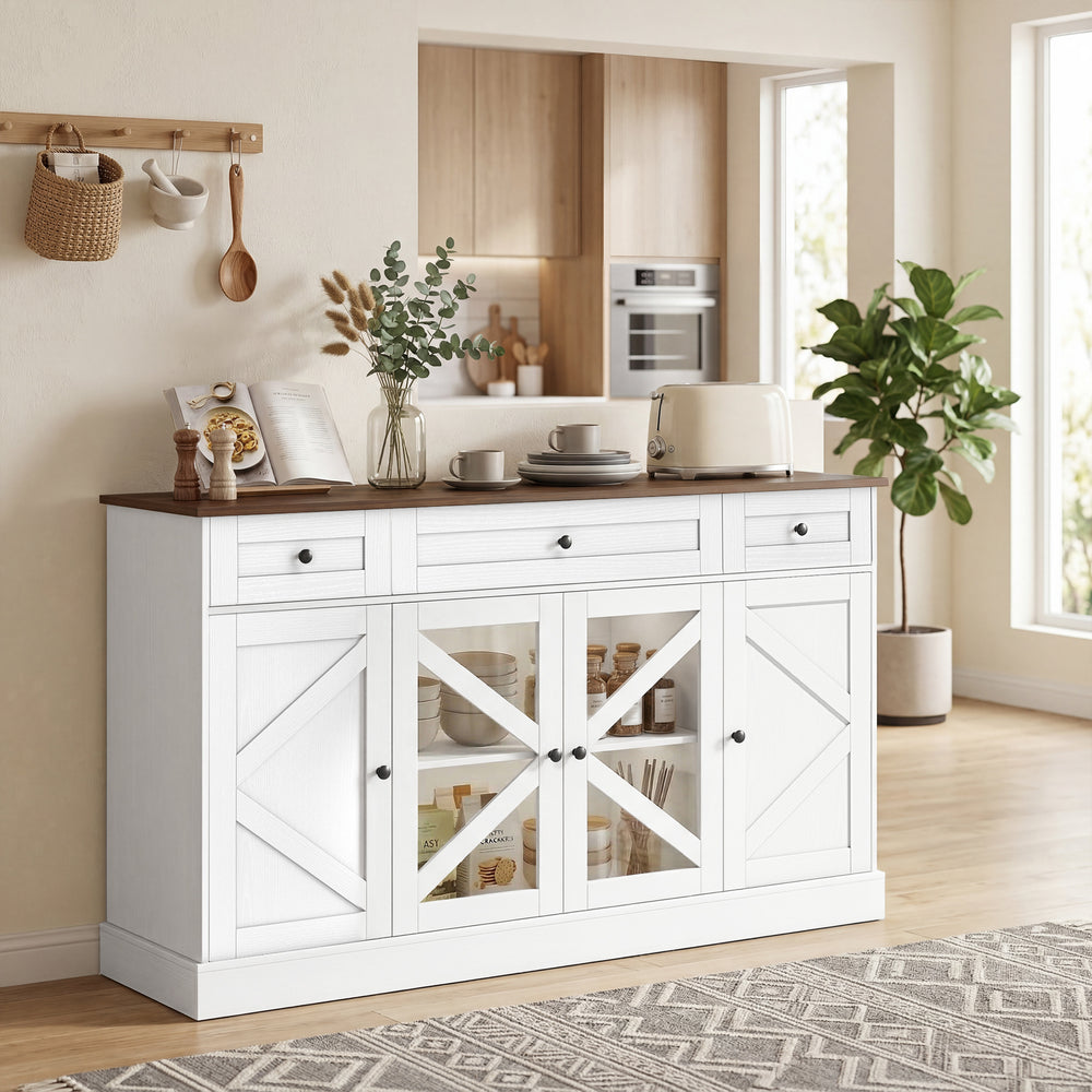 Buffet de cuisine de style campagnard avec portes coulissantes en acrylique et 3 tiroirs, finition bois blanc.