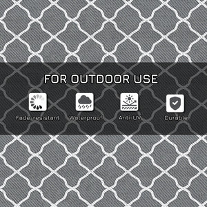 Tapis d'extérieur imperméable, 1,8 m x 2,7 m, réversible, pour camping-car, jardin, terrasse, pique-nique, plage, camping, filet gris et blanc