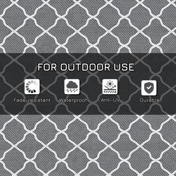 Tapis d'extérieur imperméable, 1,8 m x 2,7 m, réversible, pour camping-car, jardin, terrasse, pique-nique, plage, camping, filet gris et blanc