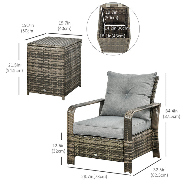 3 Pieces Wicker Patio Furniture Set, Rattan Bistro Set with Storage Coffee Table and Thickened Cushions, Outdoor Conversation Set for Garden, Porch, Balcony, Grey