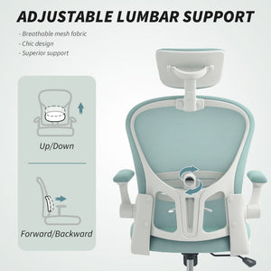 Chaise de bureau en maille avec appui-tête réglable, soutien lombaire 4D, accoudoirs relevables, vert clair